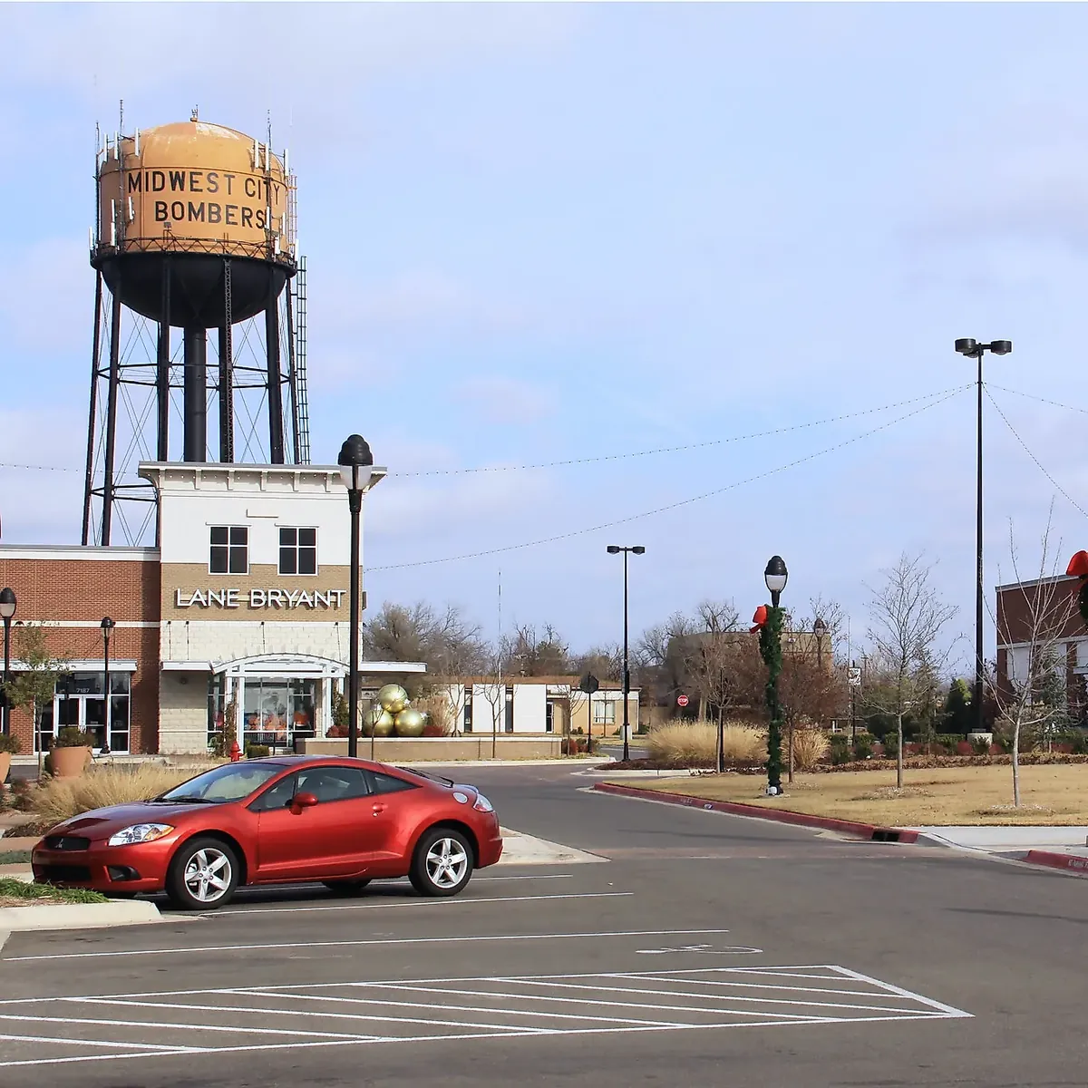 The "Midwest City Bombers" water tower above Town Center shops in Midwest City, Oklahoma.