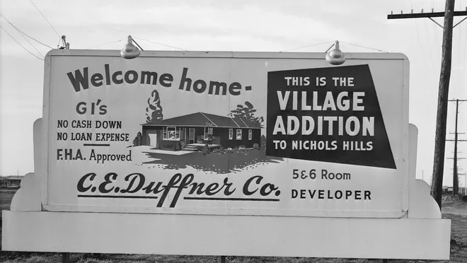 Black and white vintage billboard advertising The Village Addition housing development with no cash down, no loan expense, FHA approved by C.E. Duffner Co.